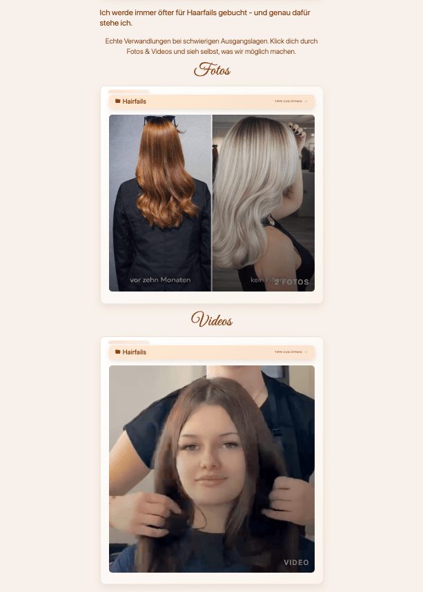 Vorher-Nachher Ergebnisse auf der Lara Hair 76 Website