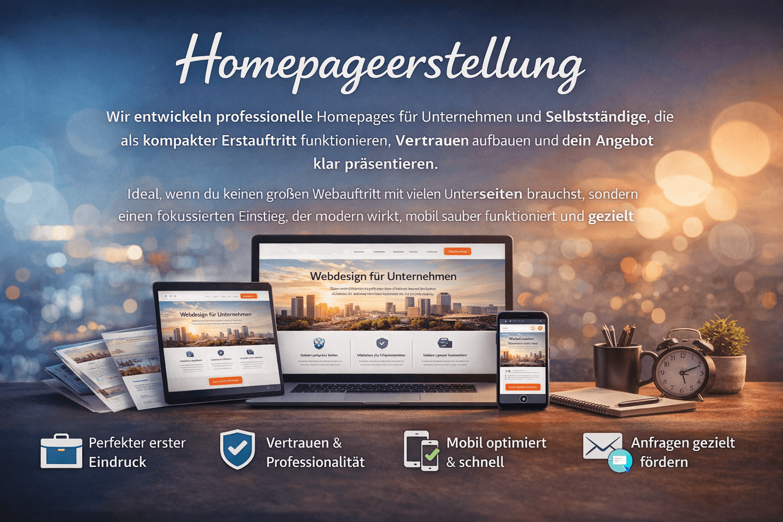 Professionelle Homepageerstellung für Unternehmen und Selbstständige mit responsivem Design auf Desktop, Tablet und Smartphone