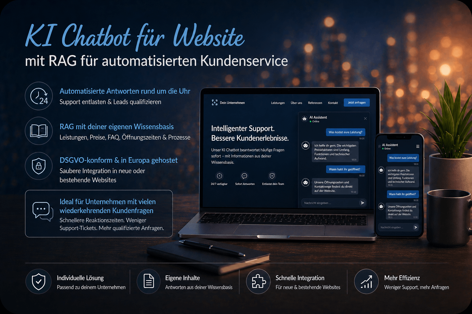 KI Chatbot für Website mit RAG für automatisierten Kundenservice, Leads und DSGVO-konforme Integration
