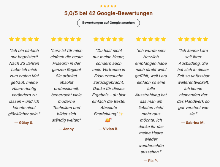 Lara Hair 76 Bewertungen und Rezensionen als Vertrauenssignal auf der Friseur Website