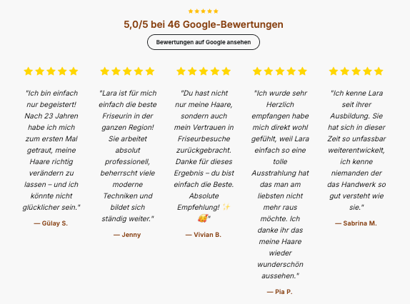 Google-Bewertungen von Lara Hair 76 mit 5,0 von 5 Sternen als Vertrauenssignal für professionelles Webdesign