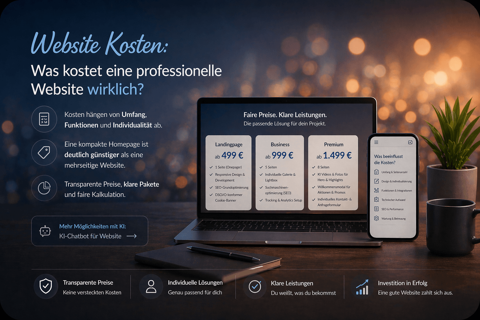 Website Kosten für eine professionelle Website mit Preisübersicht für Landingpage, Business Website und Premium Website